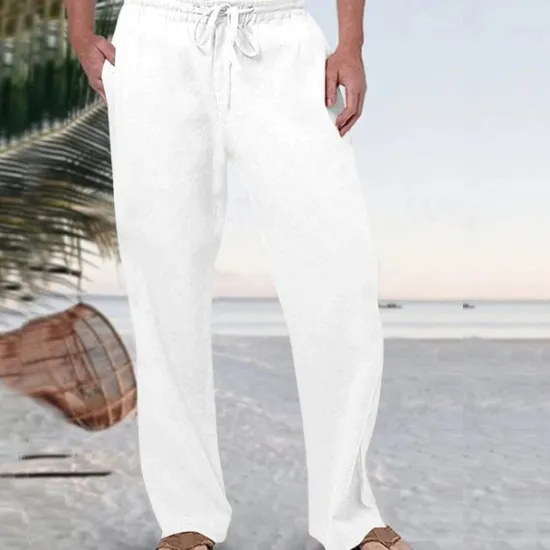 Discount OUKU Men's Linen Pants Trousers Summer Pants Beach Pants Pocket Drawstring Elastic Waist Plain Comfort Breathable Vacation Daily Holiday Hawaiian Boho Black White