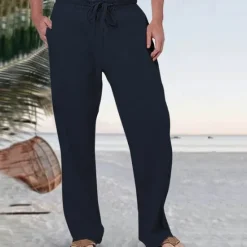 Discount OUKU Men's Linen Pants Trousers Summer Pants Beach Pants Pocket Drawstring Elastic Waist Plain Comfort Breathable Vacation Daily Holiday Hawaiian Boho Black White