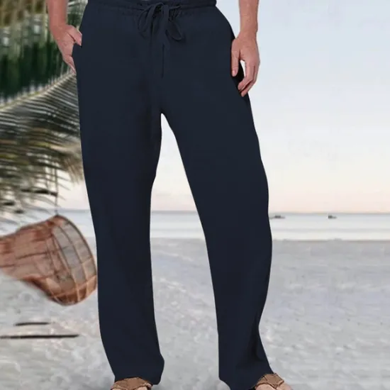 Discount OUKU Men's Linen Pants Trousers Summer Pants Beach Pants Pocket Drawstring Elastic Waist Plain Comfort Breathable Vacation Daily Holiday Hawaiian Boho Black White