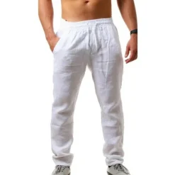 Clearance OUKU Men's Linen Pants Trousers Summer Pants Beach Pants Drawstring Plain Comfort Breathable Full Length Yoga Casual Weekend Streetwear Slim Black White Micro-elastic