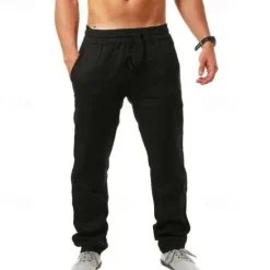 Clearance OUKU Men's Linen Pants Trousers Summer Pants Beach Pants Drawstring Plain Comfort Breathable Full Length Yoga Casual Weekend Streetwear Slim Black White Micro-elastic