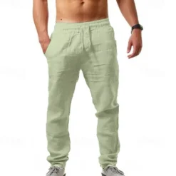 Clearance OUKU Men's Linen Pants Trousers Summer Pants Beach Pants Drawstring Plain Comfort Breathable Full Length Yoga Casual Weekend Streetwear Slim Black White Micro-elastic