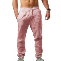 Clearance OUKU Men's Linen Pants Trousers Summer Pants Beach Pants Drawstring Plain Comfort Breathable Full Length Yoga Casual Weekend Streetwear Slim Black White Micro-elastic