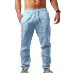Clearance OUKU Men's Linen Pants Trousers Summer Pants Beach Pants Drawstring Plain Comfort Breathable Full Length Yoga Casual Weekend Streetwear Slim Black White Micro-elastic