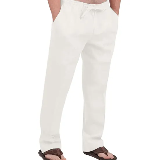 Hot OUKU Men's Linen Pants Trousers Summer Pants Drawstring Elastic Waist Front Pocket Plain Comfort Soft Casual Daily Cotton Blend Fashion Classic Gray Green White
