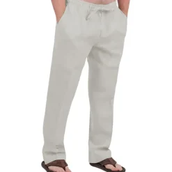 Hot OUKU Men's Linen Pants Trousers Summer Pants Drawstring Elastic Waist Front Pocket Plain Comfort Soft Casual Daily Cotton Blend Fashion Classic Gray Green White