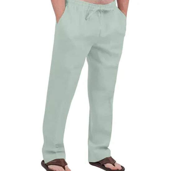 Hot OUKU Men's Linen Pants Trousers Summer Pants Drawstring Elastic Waist Front Pocket Plain Comfort Soft Casual Daily Cotton Blend Fashion Classic Gray Green White