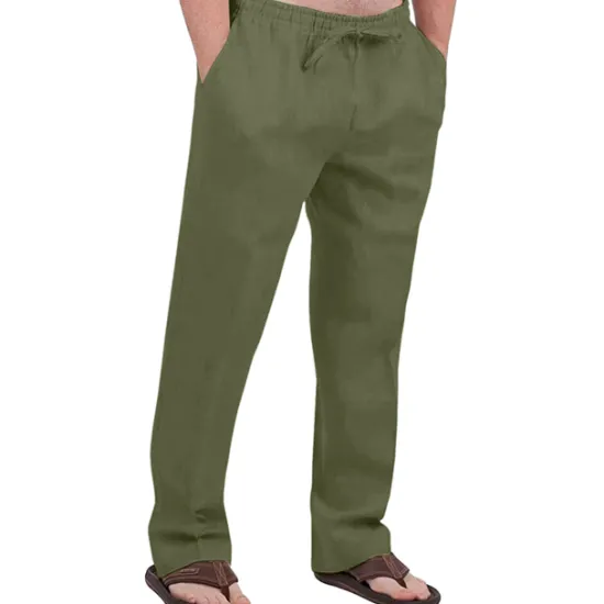 Hot OUKU Men's Linen Pants Trousers Summer Pants Drawstring Elastic Waist Front Pocket Plain Comfort Soft Casual Daily Cotton Blend Fashion Classic Gray Green White