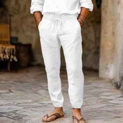 OUKU Men's Linen Pants Trousers Summer Pants Elastic Waist Straight Leg High Rise Solid Color Comfort Breathable Full Length Streetwear Simple Retro Vintage Black White Inelastic