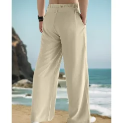 Discount OUKU Men's Linen Pants Trousers Summer Pants Drawstring Elastic Waist Straight Leg Plain Comfort Breathable Full Length Outdoor Daily Beach Fashion Streetwear Black White