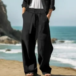 Discount OUKU Men's Linen Pants Trousers Summer Pants Drawstring Elastic Waist Straight Leg Plain Comfort Breathable Full Length Outdoor Daily Beach Fashion Streetwear Black White