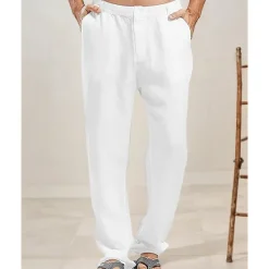 OUKU Men's Linen Pants Trousers Summer Pants Beach Pants Buttons Pocket Plain Comfort Breathable Vacation Daily Holiday Hawaiian Boho Black White