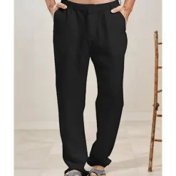 OUKU Men's Linen Pants Trousers Summer Pants Beach Pants Buttons Pocket Plain Comfort Breathable Vacation Daily Holiday Hawaiian Boho Black White