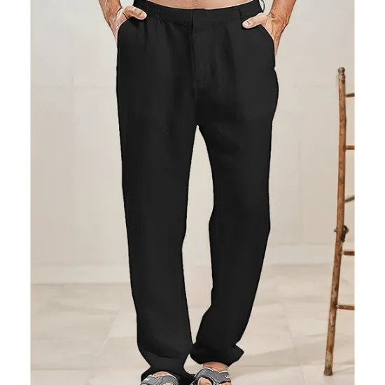 OUKU Men's Linen Pants Trousers Summer Pants Beach Pants Buttons Pocket Plain Comfort Breathable Vacation Daily Holiday Hawaiian Boho Black White