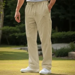 Online OUKU Men's Linen Pants Trousers Beach Pants Pocket Drawstring Plain Comfort Breathable Daily Stylish Hip Hop Black White Micro-elastic
