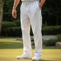 Online OUKU Men's Linen Pants Trousers Beach Pants Pocket Drawstring Plain Comfort Breathable Daily Stylish Hip Hop Black White Micro-elastic