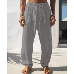 Best OUKU Men's Linen Pants Trousers Summer Pants Front Pocket Straight Leg Plain Comfort Breathable Full Length Casual Daily Holiday Fashion Basic Black White