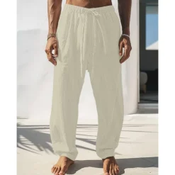 Best OUKU Men's Linen Pants Trousers Summer Pants Front Pocket Straight Leg Plain Comfort Breathable Full Length Casual Daily Holiday Fashion Basic Black White