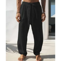 Best OUKU Men's Linen Pants Trousers Summer Pants Front Pocket Straight Leg Plain Comfort Breathable Full Length Casual Daily Holiday Fashion Basic Black White