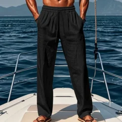 OUKU Men's Linen Pants Trousers Summer Pants Beach Pants Elastic Waist Drawstring Straight Leg Plain Comfort Breathable Casual Daily Holiday Vacation Fashion Black White
