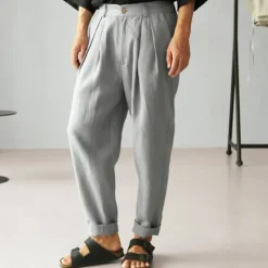 Clearance OUKU Men's Linen Pants Trousers Summer Pants Beach Pants Buttons Pocket Plain Comfort Breathable Vacation Daily Holiday Hawaiian Boho Dark Brown Black