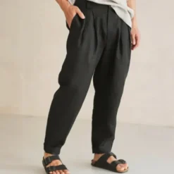 Clearance OUKU Men's Linen Pants Trousers Summer Pants Beach Pants Buttons Pocket Plain Comfort Breathable Vacation Daily Holiday Hawaiian Boho Dark Brown Black