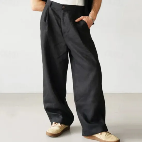 Outlet OUKU Men's Linen Pants Trousers Summer Pants Beach Pants Buttons Pocket Plain Comfort Breathable Vacation Daily Holiday Hawaiian Boho Black Khaki