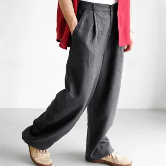 Outlet OUKU Men's Linen Pants Trousers Summer Pants Beach Pants Buttons Pocket Plain Comfort Breathable Vacation Daily Holiday Hawaiian Boho Black Khaki