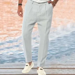 Sale OUKU Men's Linen Pants Trousers Summer Pants Beach Pants Buttons Pocket Plain Comfort Breathable Vacation Daily Holiday Hawaiian Boho White Khaki