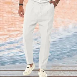 Sale OUKU Men's Linen Pants Trousers Summer Pants Beach Pants Buttons Pocket Plain Comfort Breathable Vacation Daily Holiday Hawaiian Boho White Khaki
