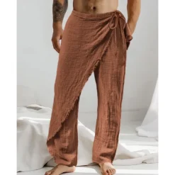Best OUKU Men's Linen Pants Trousers Summer Pants Drawstring Elastic Waist Straight Leg Plain Comfort Breathable Full Length Casual Daily Holiday Fashion Classic Style White Brown
