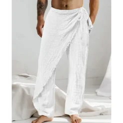 Best OUKU Men's Linen Pants Trousers Summer Pants Drawstring Elastic Waist Straight Leg Plain Comfort Breathable Full Length Casual Daily Holiday Fashion Classic Style White Brown