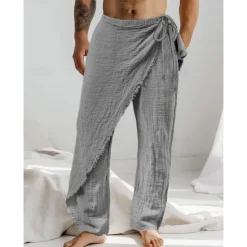 Best OUKU Men's Linen Pants Trousers Summer Pants Drawstring Elastic Waist Straight Leg Plain Comfort Breathable Full Length Casual Daily Holiday Fashion Classic Style White Brown