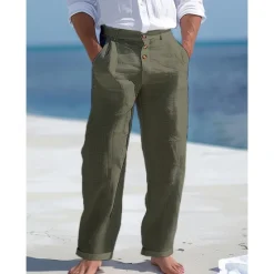 Best OUKU Men's Linen Pants Trousers Summer Pants Beach Pants Front Pocket Straight Leg Plain Comfort Breathable Business Casual Daily Fashion Basic Black White