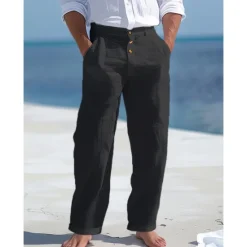Best OUKU Men's Linen Pants Trousers Summer Pants Beach Pants Front Pocket Straight Leg Plain Comfort Breathable Business Casual Daily Fashion Basic Black White