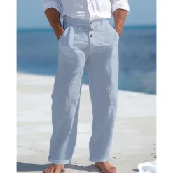 Best OUKU Men's Linen Pants Trousers Summer Pants Beach Pants Front Pocket Straight Leg Plain Comfort Breathable Business Casual Daily Fashion Basic Black White