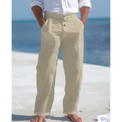 Best OUKU Men's Linen Pants Trousers Summer Pants Beach Pants Front Pocket Straight Leg Plain Comfort Breathable Business Casual Daily Fashion Basic Black White