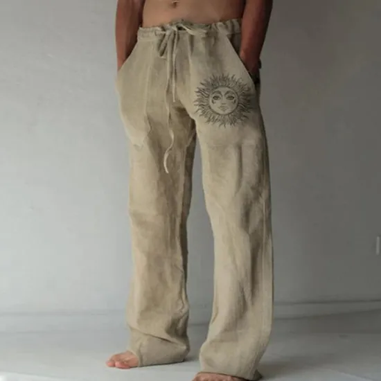 Discount OUKU Men's Linen Pants Trousers Summer Pants Beach Pants Print Straight Leg Graphic Sun Soft Outdoor Full Length Home Casual Daily Fashion Streetwear White Blue Micro-elastic