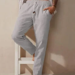 Clearance OUKU Men's Linen Pants Trousers Summer Pants Pocket Elastic Waist Plain Comfort Breathable Vacation Hawaiian Boho Dark Brown Green
