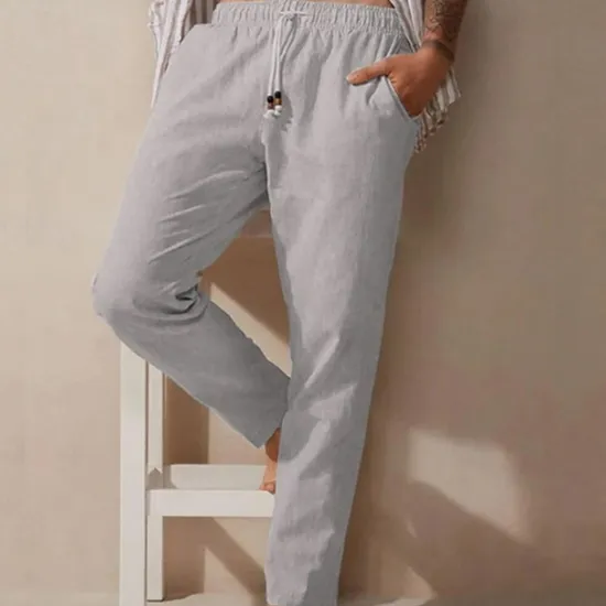 Clearance OUKU Men's Linen Pants Trousers Summer Pants Pocket Elastic Waist Plain Comfort Breathable Vacation Hawaiian Boho Dark Brown Green