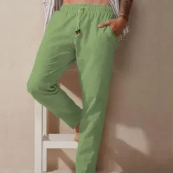 Clearance OUKU Men's Linen Pants Trousers Summer Pants Pocket Elastic Waist Plain Comfort Breathable Vacation Hawaiian Boho Dark Brown Green