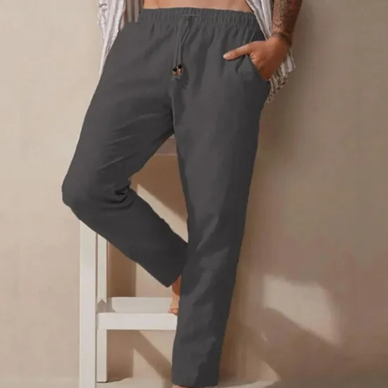 Clearance OUKU Men's Linen Pants Trousers Summer Pants Pocket Elastic Waist Plain Comfort Breathable Vacation Hawaiian Boho Dark Brown Green