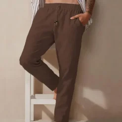 Clearance OUKU Men's Linen Pants Trousers Summer Pants Pocket Elastic Waist Plain Comfort Breathable Vacation Hawaiian Boho Dark Brown Green