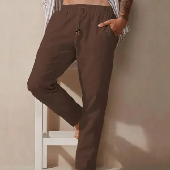 Clearance OUKU Men's Linen Pants Trousers Summer Pants Pocket Elastic Waist Plain Comfort Breathable Vacation Hawaiian Boho Dark Brown Green