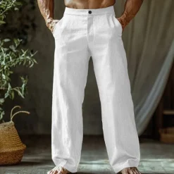 Outlet OUKU Men's Linen Pants Trousers Summer Pants Beach Pants Buttons Pocket Straight Leg Plain Comfort Breathable Vacation Daily Holiday Hawaiian Boho Black White