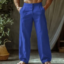 Outlet OUKU Men's Linen Pants Trousers Summer Pants Beach Pants Buttons Pocket Straight Leg Plain Comfort Breathable Vacation Daily Holiday Hawaiian Boho Black White