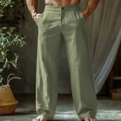 Outlet OUKU Men's Linen Pants Trousers Summer Pants Beach Pants Buttons Pocket Straight Leg Plain Comfort Breathable Vacation Daily Holiday Hawaiian Boho Black White