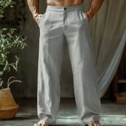 Outlet OUKU Men's Linen Pants Trousers Summer Pants Beach Pants Buttons Pocket Straight Leg Plain Comfort Breathable Vacation Daily Holiday Hawaiian Boho Black White