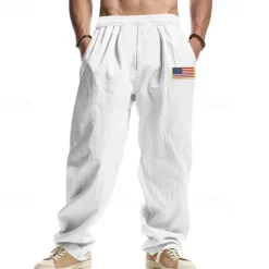 New OUKU Men's Linen Pants Trousers Summer Pants Beach Pants Drawstring Elastic Waist Straight Leg Plain Comfort Breathable Full Length Casual Daily Holiday Fashion Classic Style Black White