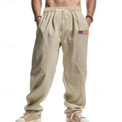New OUKU Men's Linen Pants Trousers Summer Pants Beach Pants Drawstring Elastic Waist Straight Leg Plain Comfort Breathable Full Length Casual Daily Holiday Fashion Classic Style Black White